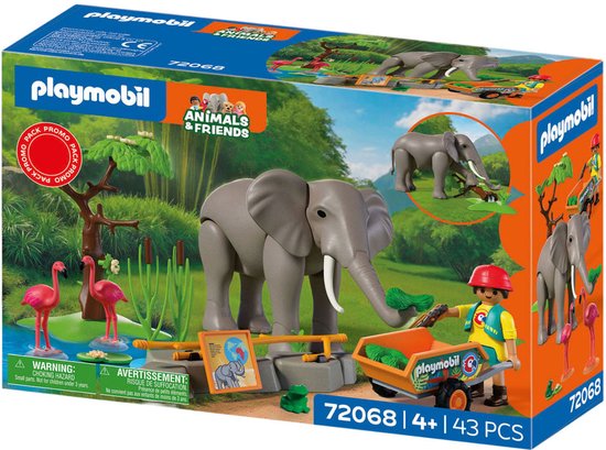 Playmobil dierentuin set met grijze olifant, twee flamingo's, struiken, wagen en dierentuinmedewerker.