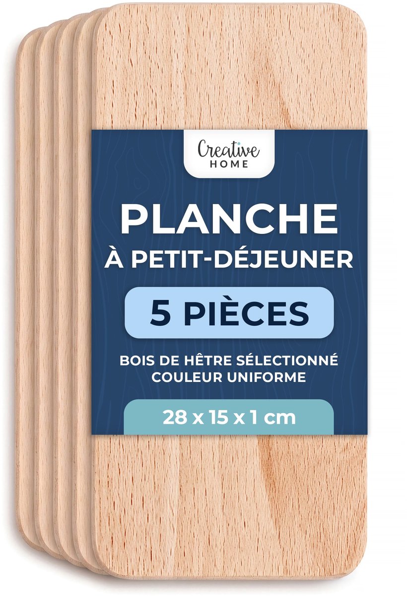Creative Home 5-delige set houten ontbijtplankjes, 28 x 15 cm, Houten plankjes Snijplank, Omkeerbare snijplank, ontbijtplank, houten plank voor in de keuken, geschikt voor brood