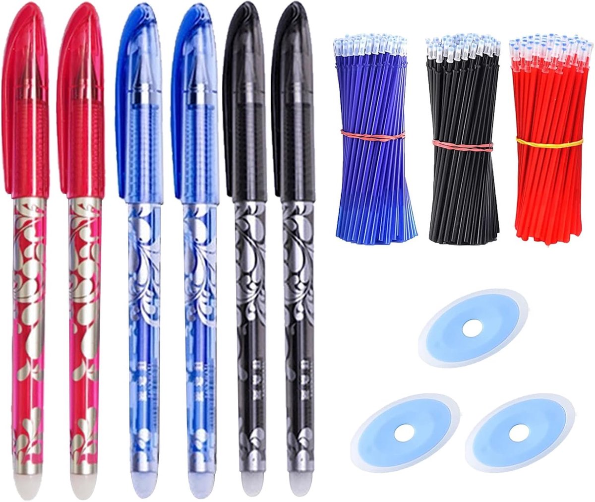 66 stuks uitwisbare pennen, uitwisbaar, 0,5 mm, compatibel met balpennen, ideaal voor school en kantoor, complete set met zwart, blauw, rood en gum, glad schrijven