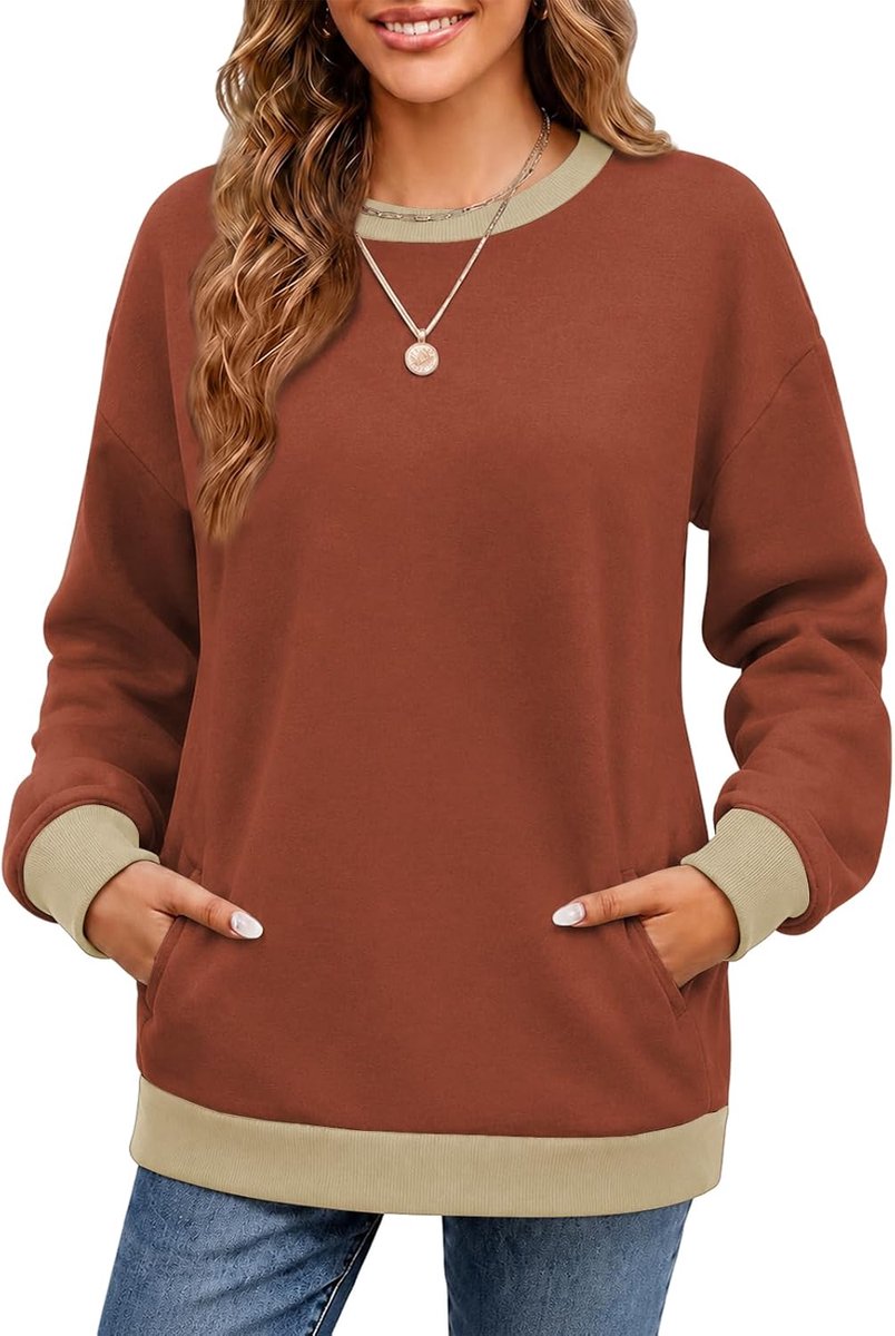 Sweatshirt voor dames, ronde hals met zakken, contrasterende losse