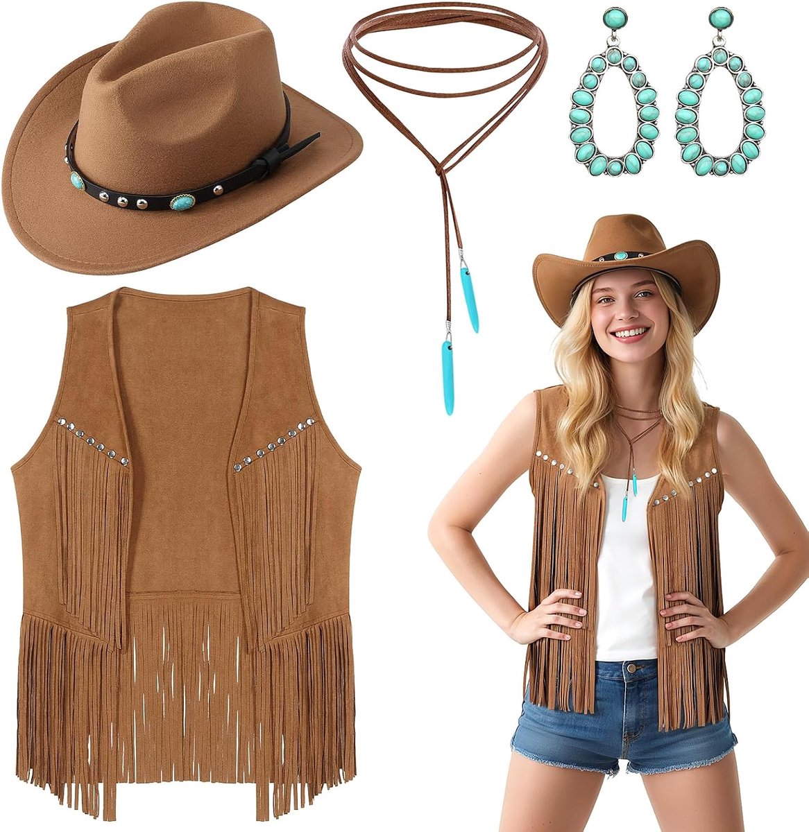 4 Pcs Women Cowgirls Costume Set, 70s Hippy Fancy Dress Outfit with Tassle Vest Hat Cowgirls Accessories for Women Cosplay