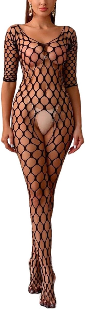 Dameslingerie, sexy visnet, lingerie, netkousen, lange mouwen, babydoll-partyjurk, eenheidsmaat, panty, stretch, broekpak