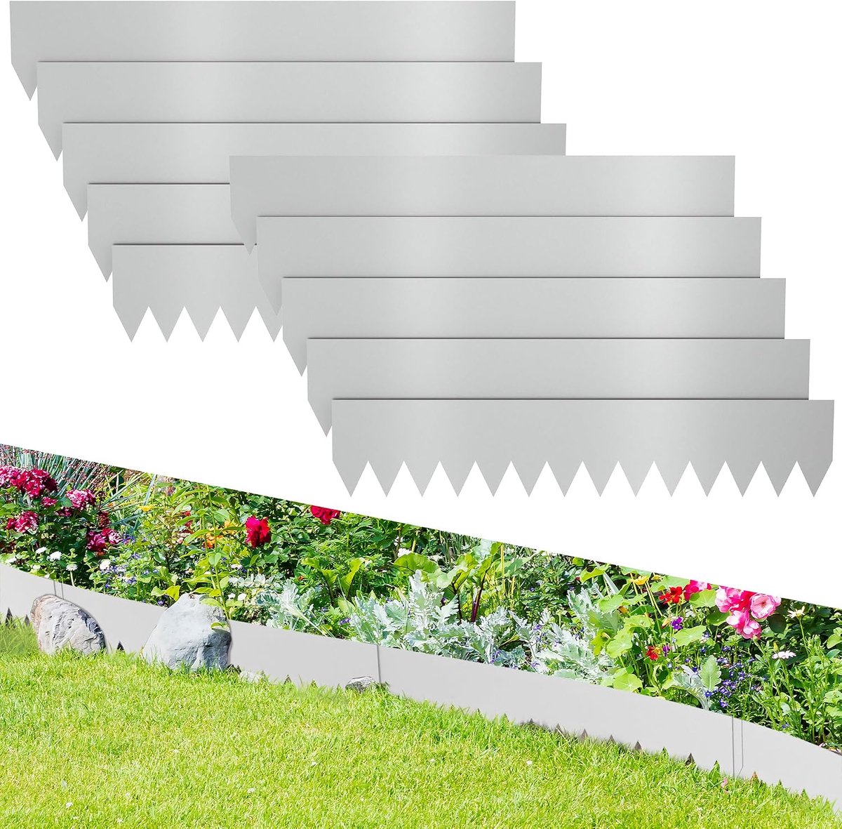 10 stuks verzinkte gazonrand, metaal, 20 x 100 cm, 10 m, roestbestendige perkrand, flexibele bedbegrenzing, maairand, tuinpalissade voor binnenplaats, gazon, eenvoudige montage, zilver