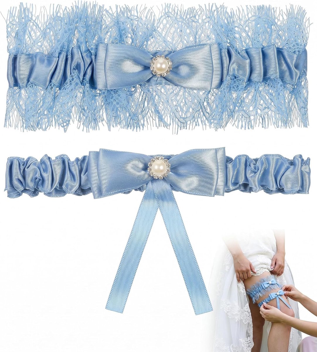 Kousenband voor de bruid, blauw, 2-delige set | verstelbare antislip banden | blijft stevig tijdens het dansen | bloemendesign en comfortabel | elegant cadeau voor bruidspaar