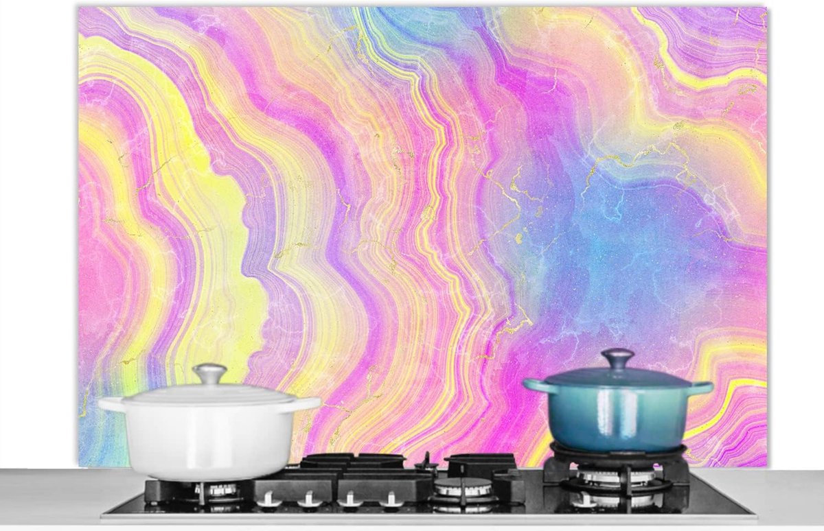 Spatscherm Keuken - 120x80 cm - Agaat - Regenboog - Neon - Edelstenen