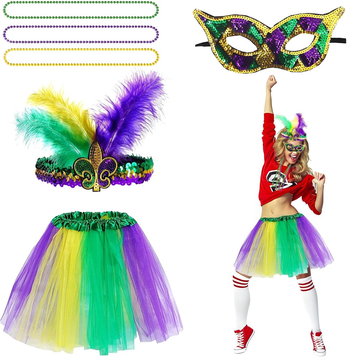 4-delige set groene carnavalskostuums voor dames, 80 accessoires, groen, tutu voor dames, haarband met veer, carnavalskostuum, voor maskerades, podiumshows, feest