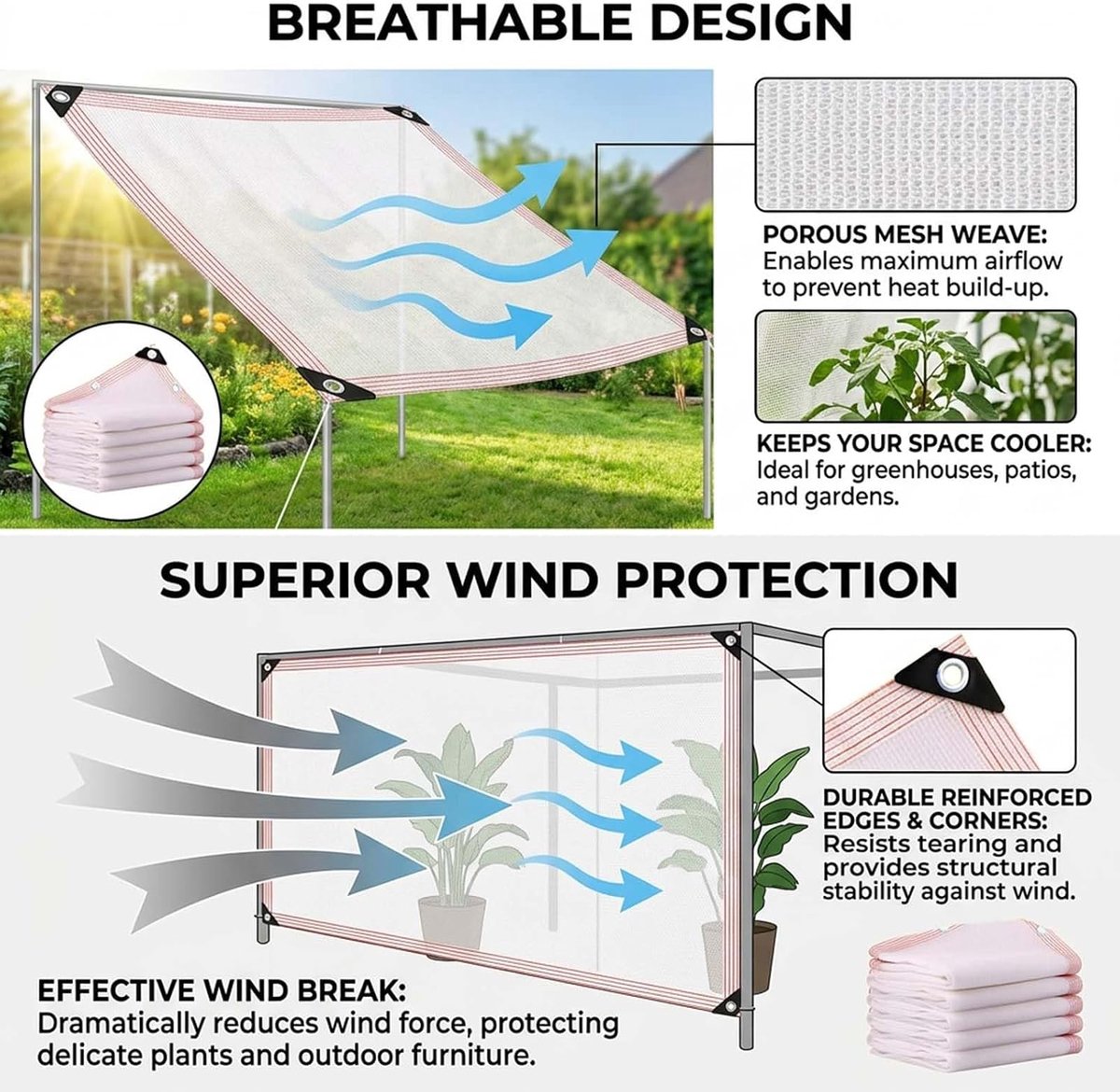 Weißes Schattiernetz 50% Beschattung mit Ösen, UV-Beständiges Schattierungsnetz Sonnenschutznetz für Pflanzenschutz, Gewächshaus, Garten, Pergola, Terrassendach, Zwinger Hühnerstall(7.5 * 9m)