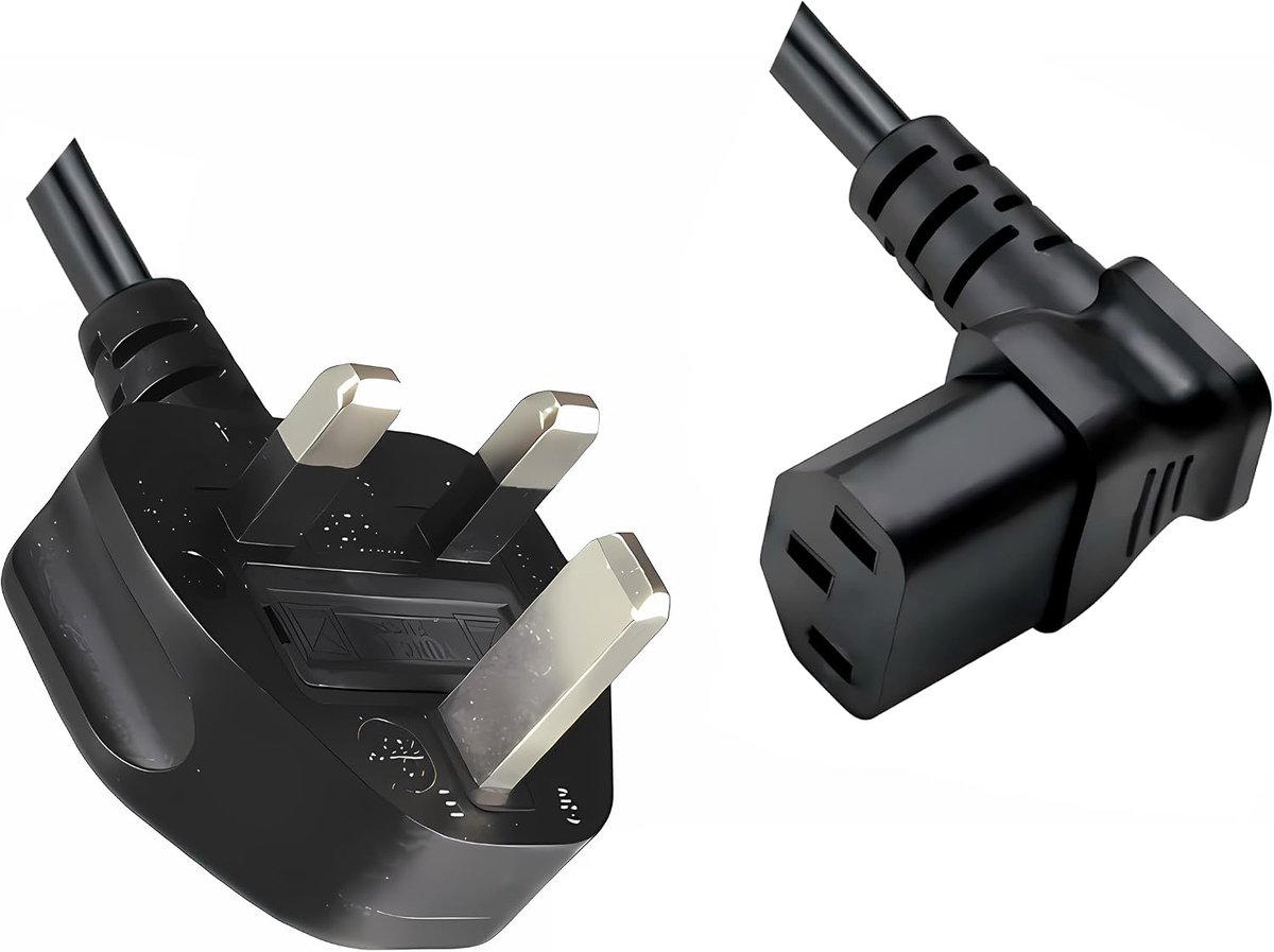 Apparaatsnoer met haakse C13 plug en haakse Britse (type G) stekker - 3x 0,75mm / zwart - 1,8 meter