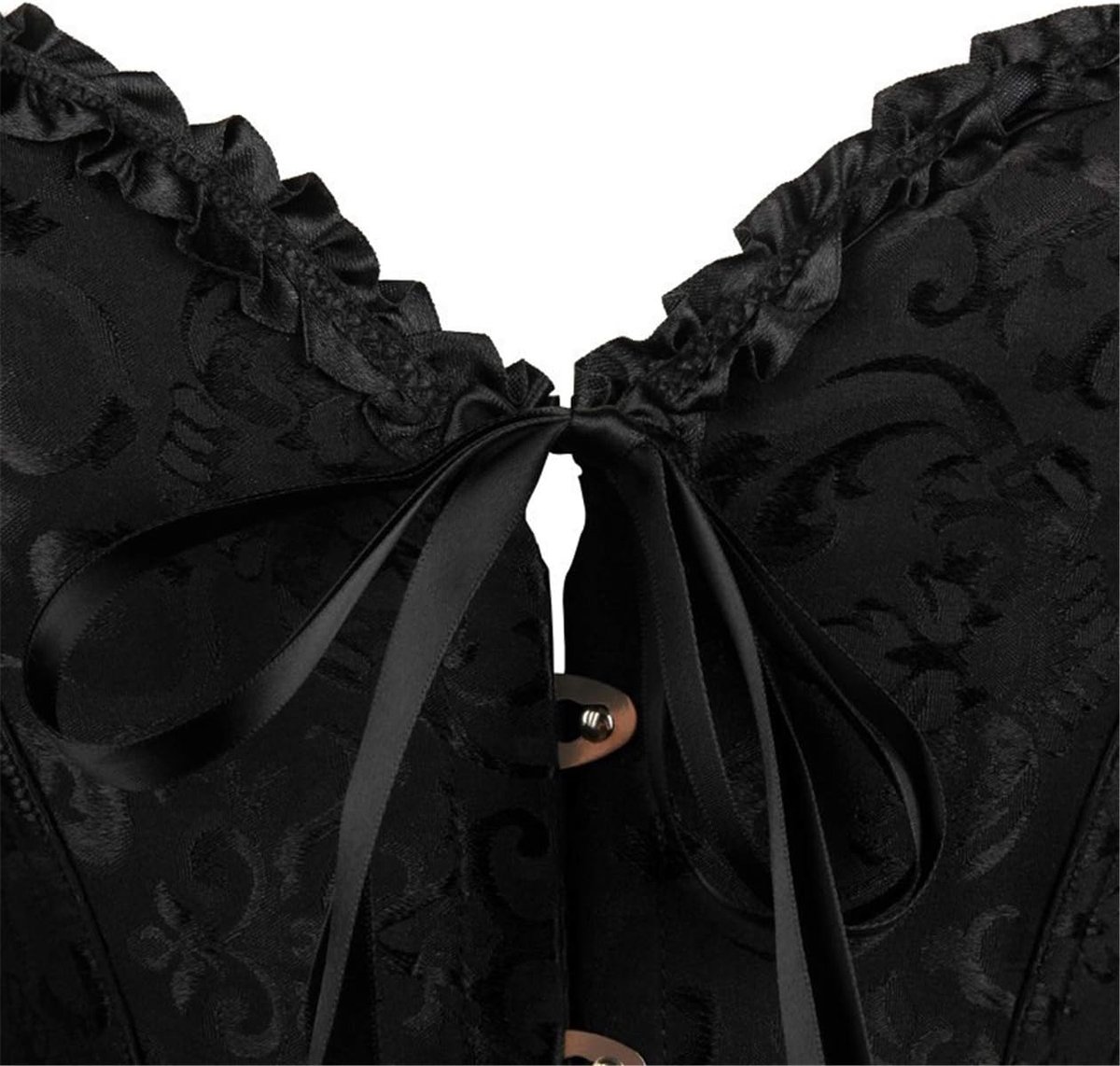buikweg, volledige borst, corsage, lingerie, rijdt bovenaan, satijn, zonder botten, met G-string