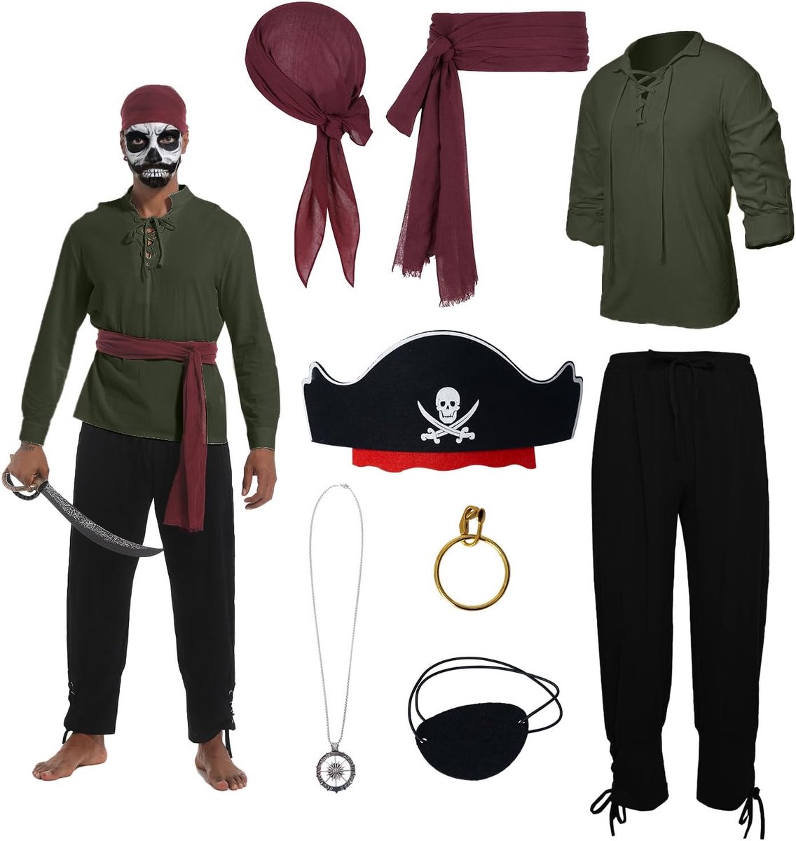Piratenkostuum voor heren, middeleeuwse kleding voor heren, met middeleeuws hemd, broek, piratenbandana, riem, oogklep, halsketting, oorbellen, voor Halloween en carnaval