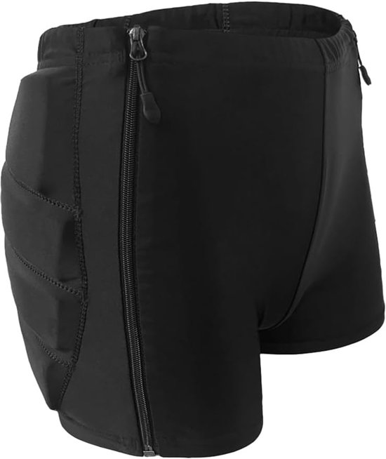 Zwarte beschermende short met vulling aan de zijkant en dubbele ritssluiting.