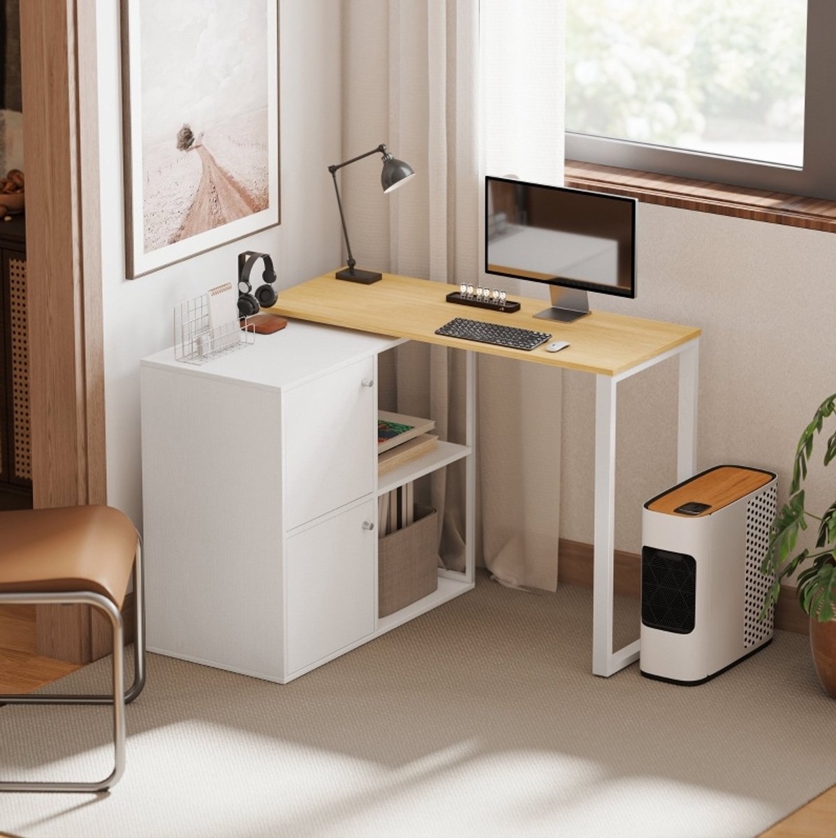 MODENUIT Hoekbureau 150 x 40 x 75 cm - 360 Graden Draaibaar - Met Kasten - Voor Werkkamer - Spaanplaat Wit