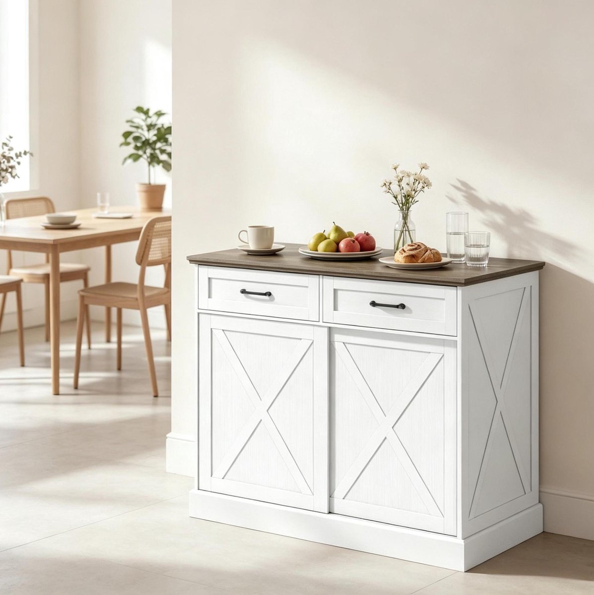 MODENUIT Keukeneilandkast 106,4 x 57 x 92 cm - 2 Lades en Schuifdeurkast - Keuken - MDF Wit Bruin