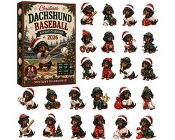 Teckel met honkbal thema Kerst Adventskalender 2026- 24 stuks 2D platte acryl kersthangers- sportieve kerst aftelkalender- uniek cadeau voor teckelliefhebbers