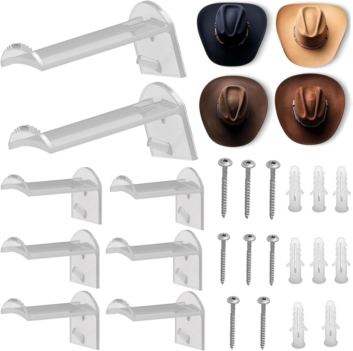 Hoedenhouder voor cowboy, 8 stuks hoedenrek voor cowboyhoeden, macramé-hoedhangers, cowboy hoedenhouder, kapstandaard, zelfklevende hoedhaken voor hoeden, handdoeken, tassen, sjaals (transparant)