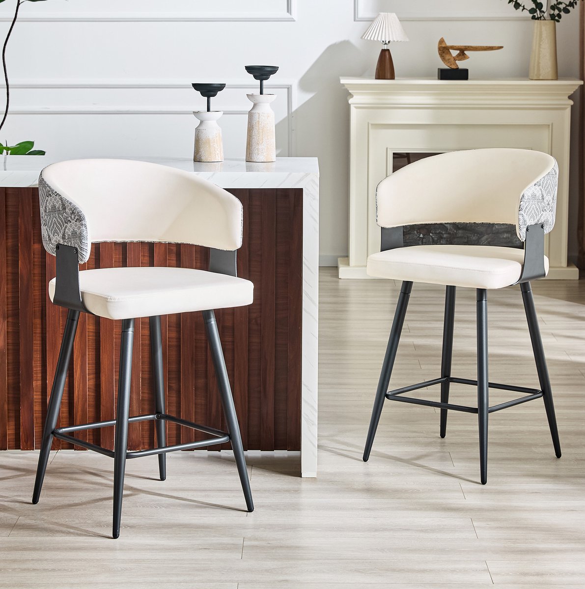 REDOM Barkrukken set van 2 - Met rugleuning en voetsteun - Vaste zithoogte 64 cm - Kunstleren zitting - Metalen onderstel - Wit - 52 x 47 x 94,5 cm