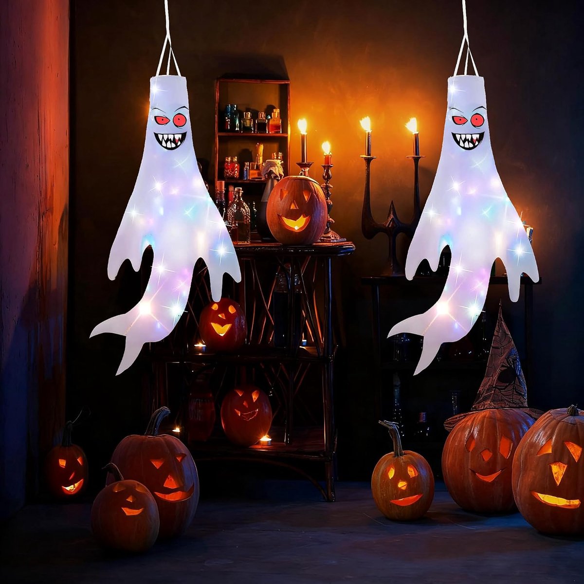 Windzak met LED-licht, Xndryan 2 stuks Halloween spookdecoraties opknoping windsokken buiten opknoping Halloween decoraties voor feest, tuin, spookhuis