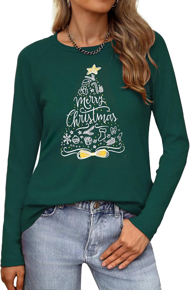 Kerstshirt met lange mouwen voor dames, T-shirt met V-hals en ronde hals, katoenen kerstshirt, feestelijke top met kerstopdruk, casual T-shirt, Xmas Party, S-3XL