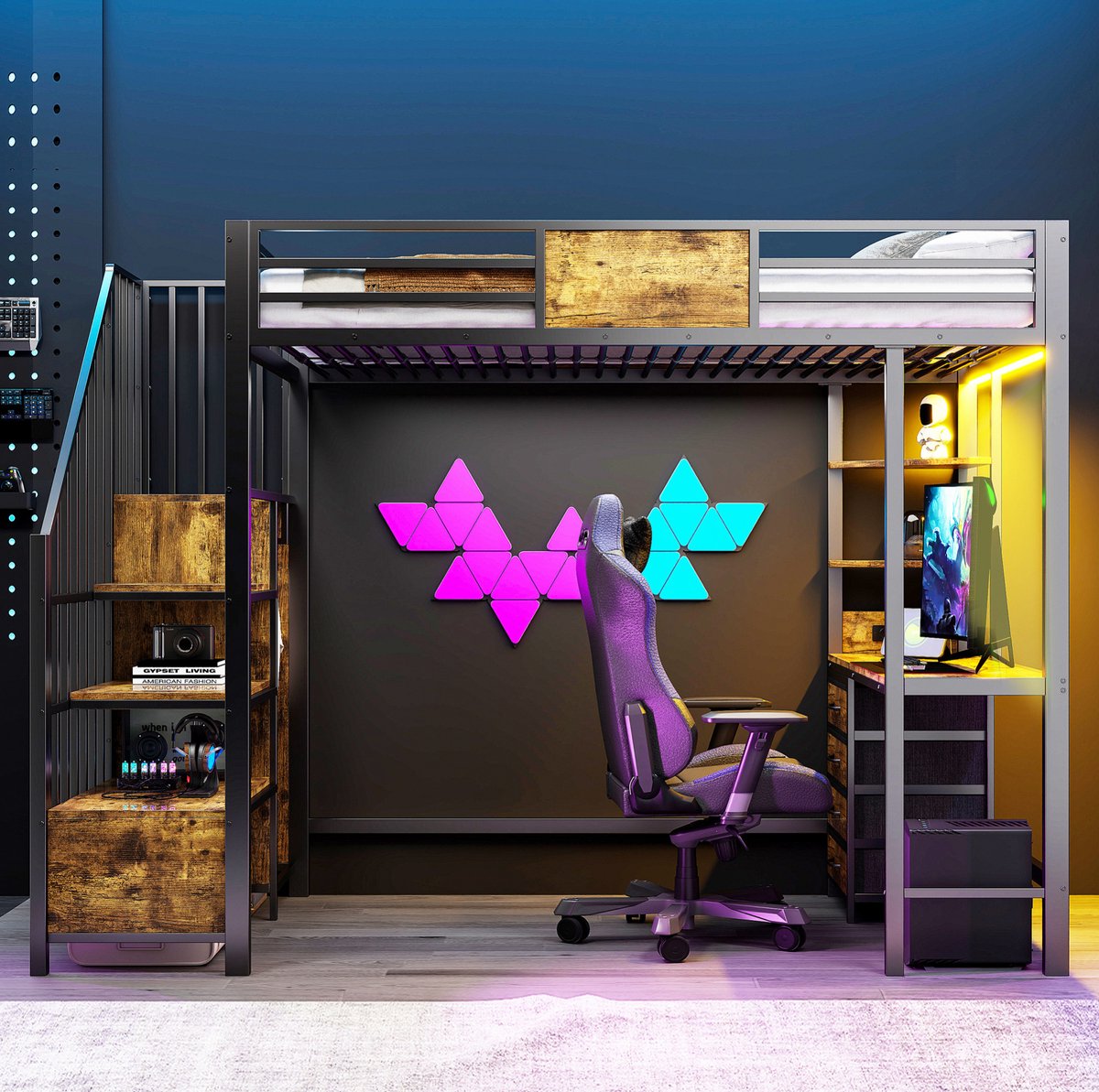 WUVRIE Hoogslaper 90x200 cm met bureau, opbergvakken, kledingroede, ledverlichting en stopcontact, zwart