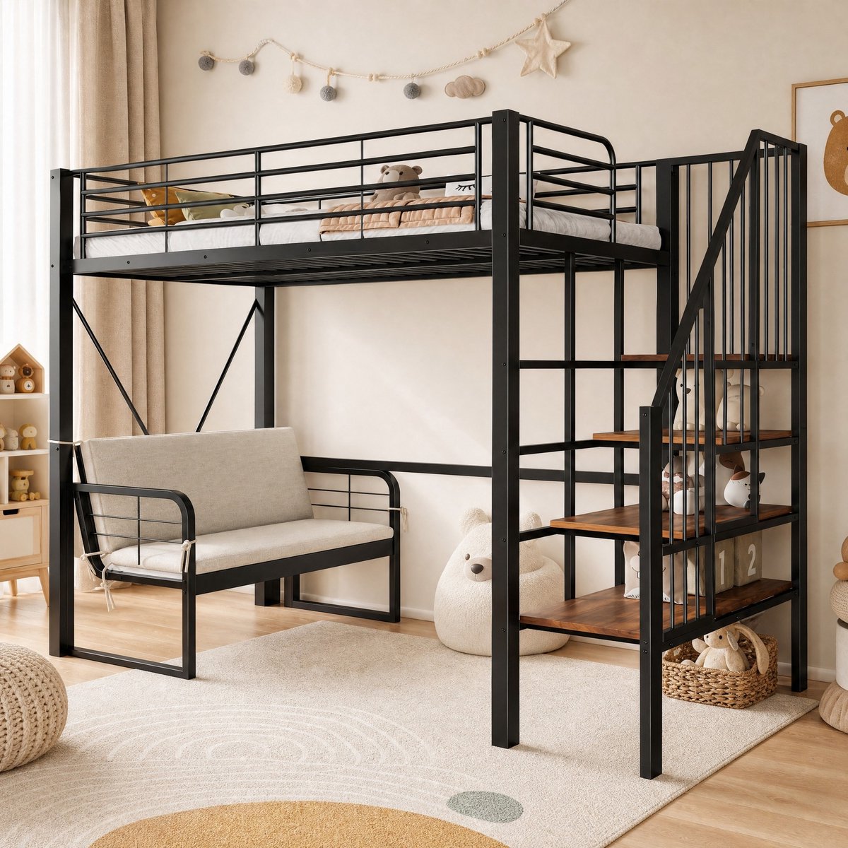 WUVRIE Stapelbed 90x200 cm met uitneembare bank, opbergtrap en veiligheidshek, zwart