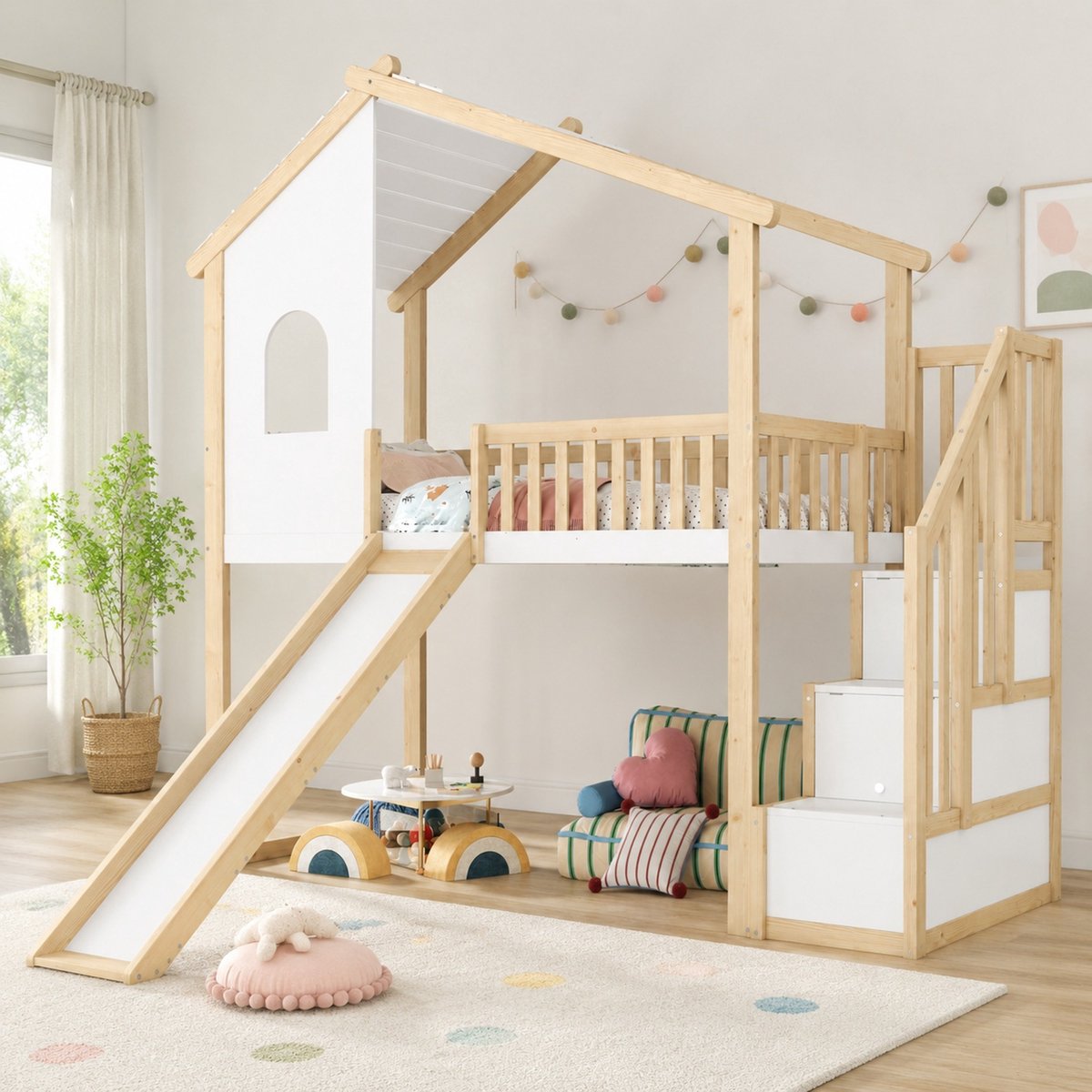 WUVRIE Hoogslaper 90x200 cm met glijbaan, trap met opbergvakken en veiligheidshek, naturel/wit Naturel en wit