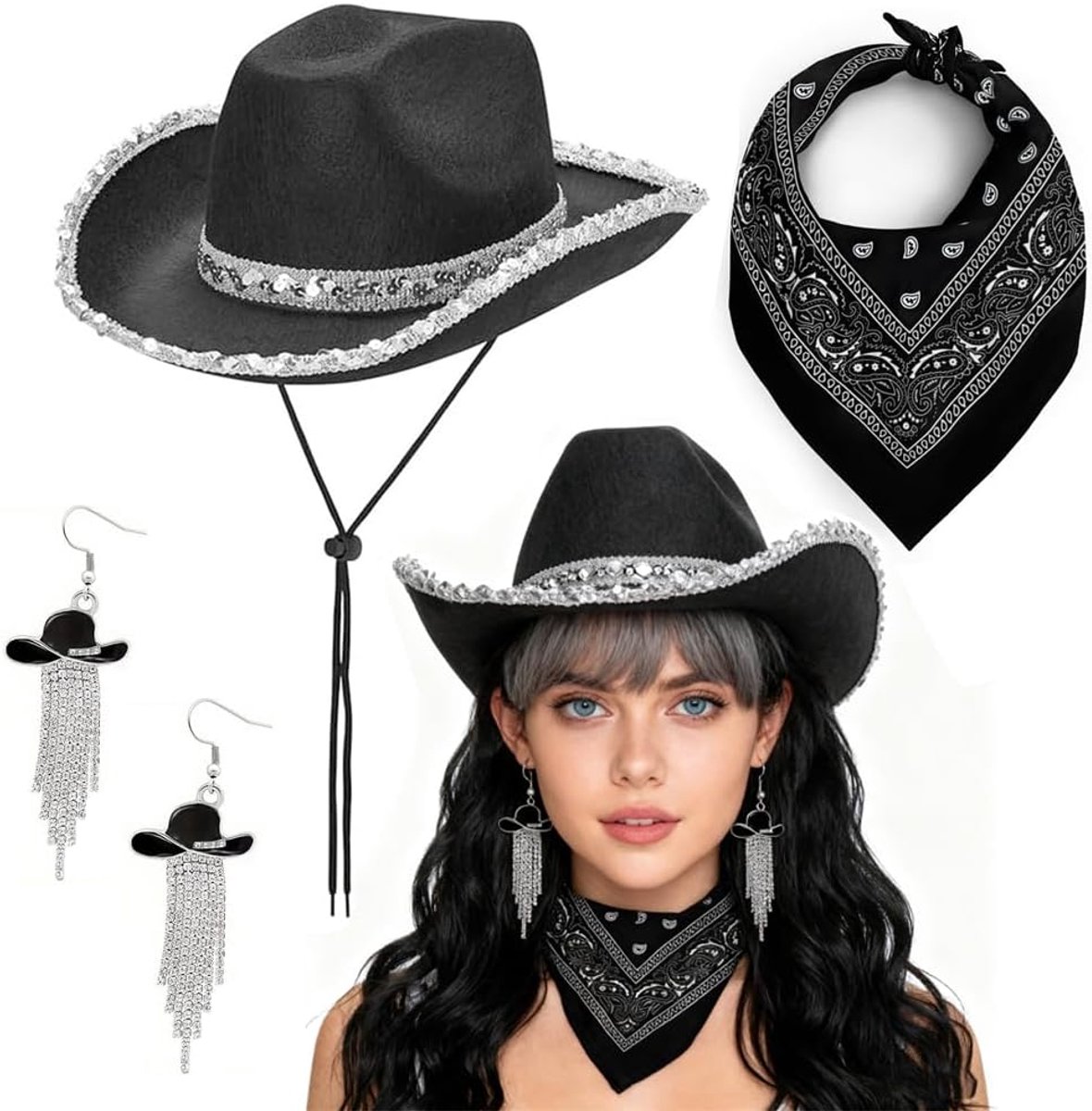Cowboy hoed set voor vrouwen, Cowgirl kostuum accessoires set met hoed oorbel gordel Bandana voor maskerade voor kip partijen, Stag Dos, bachelorpartij cosplay - black