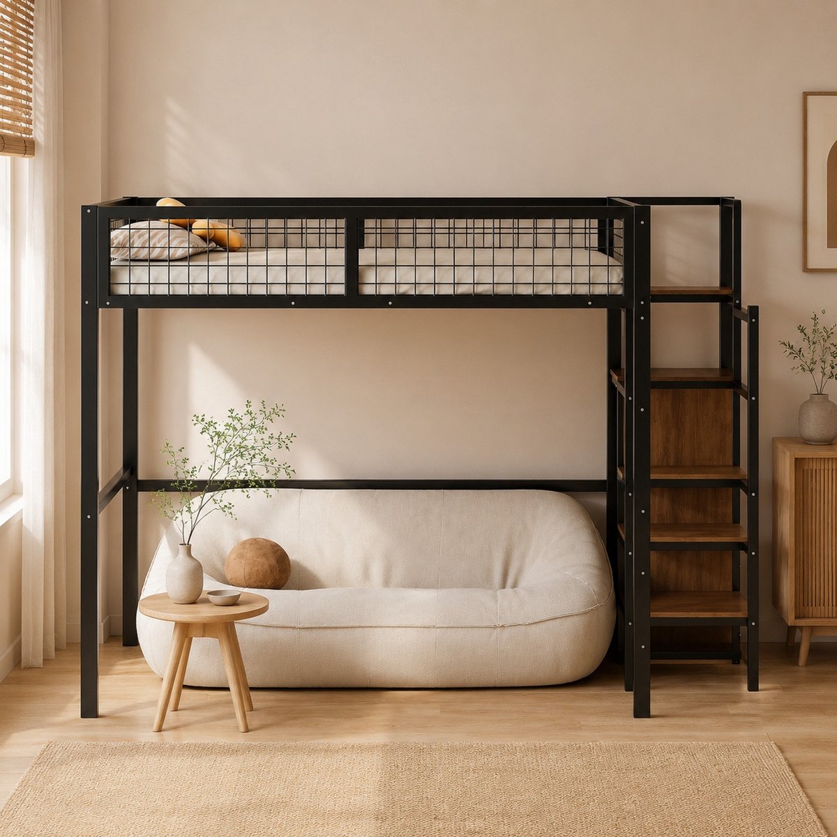 WUVRIE Hoogslaper 140x200 cm met ladder, opbergkast en metalen frame, zwart