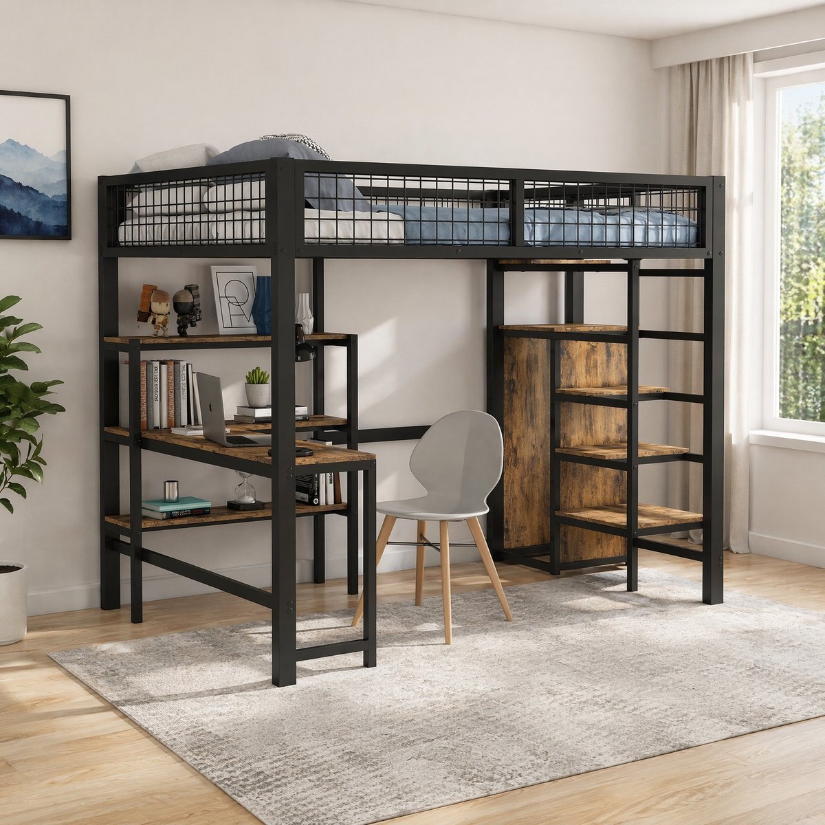 WUVRIE Hoogslaper 140x200 cm met bureau, kledingkast, planken en trap, zwart/bruin