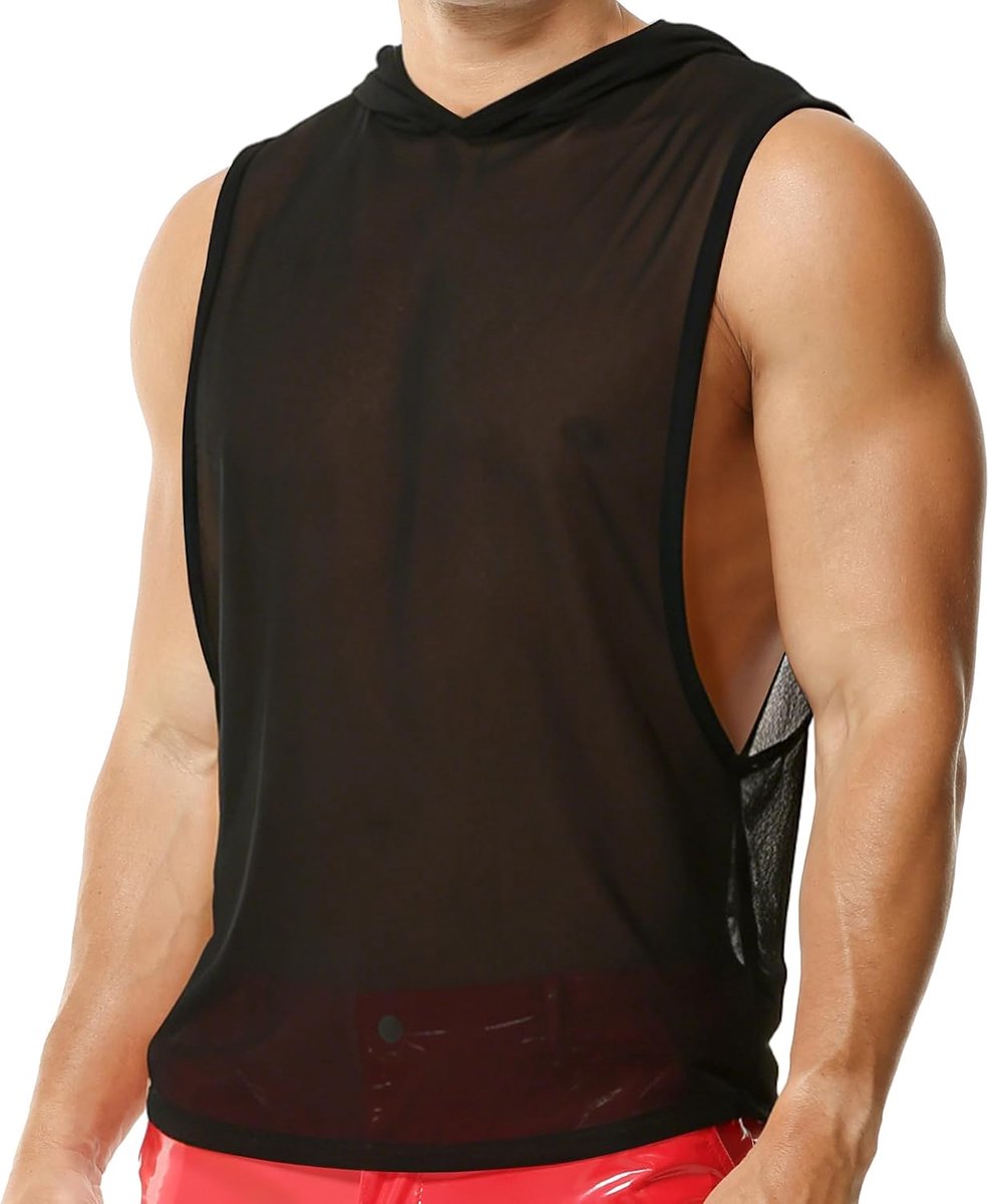 Heren-onderhemd van netstof, transparant, lange mouwen, met capuchon, sportkleding