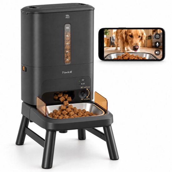 Zwarte automatische voerbak met 15L inhoud, met een golden retriever ernaast. Hondevoer wordt in de bak gedeponeerd.