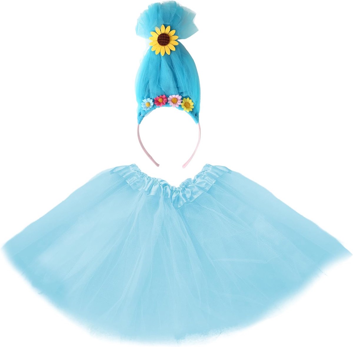 Troll-kostuum voor dames, 2-delige set met kleurrijke pruikhoofdband en tutu-rok voor Halloween of carnaval