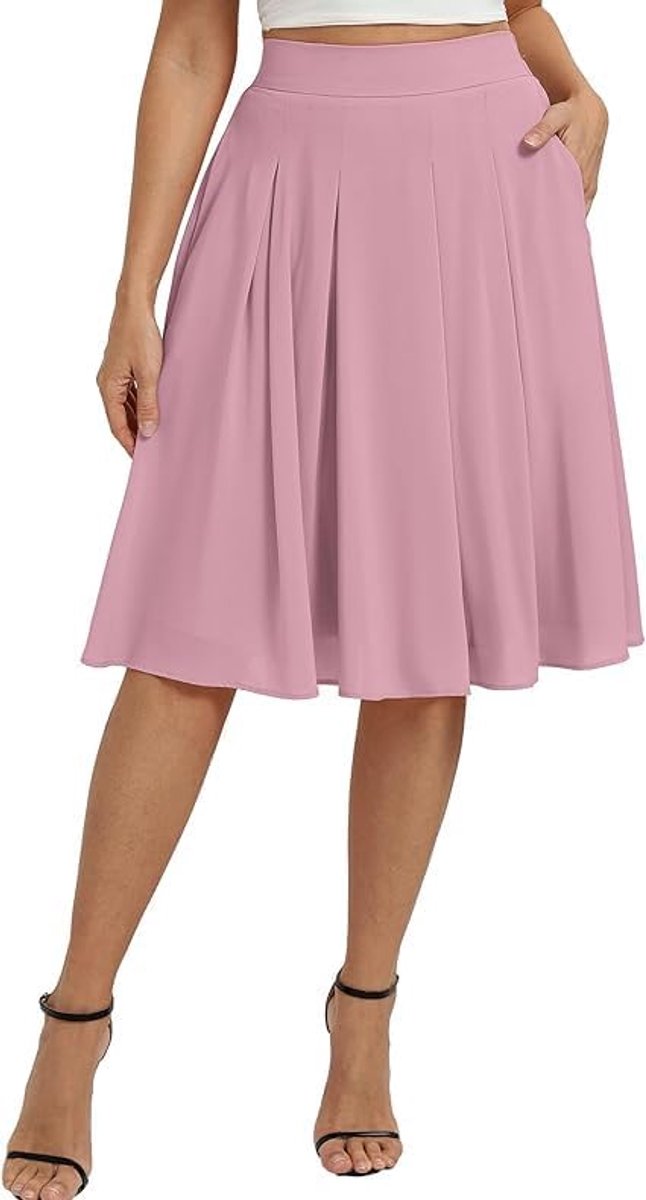 Poque Elegante basic geplooide midirok voor dames met hoge taille, skaterrok met zakken