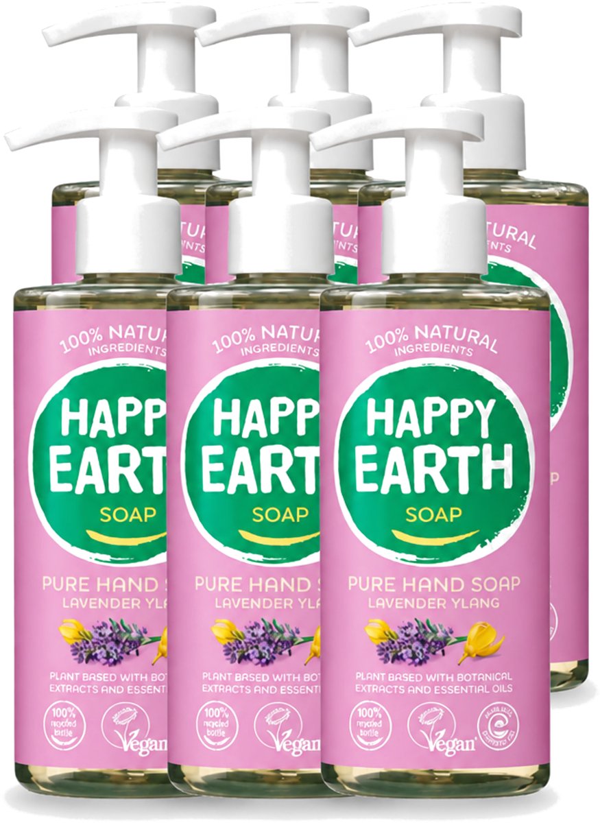 6 x Happy Earth – Handzeep – 100% Natuurlijk Lavender Ylang – 300 ml - Voordeelverpakking - 6 stuks