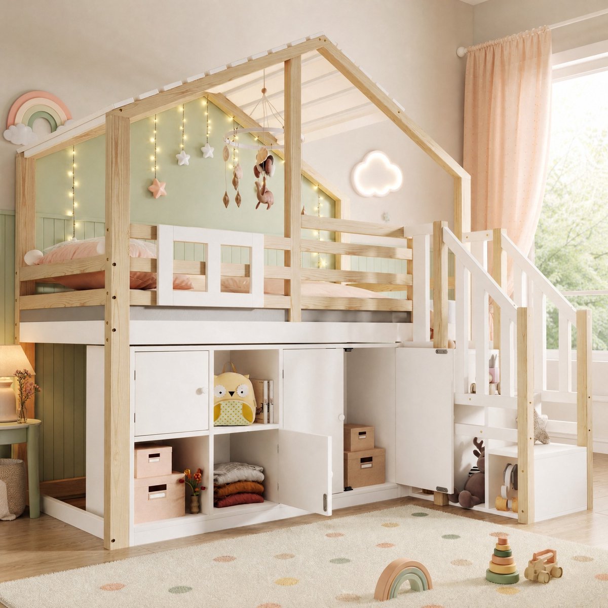 WUVRIE Hoogslaper 90x200 cm in huisvorm met opbergtrap, kasten, open vakken en bedhek, wit/naturel