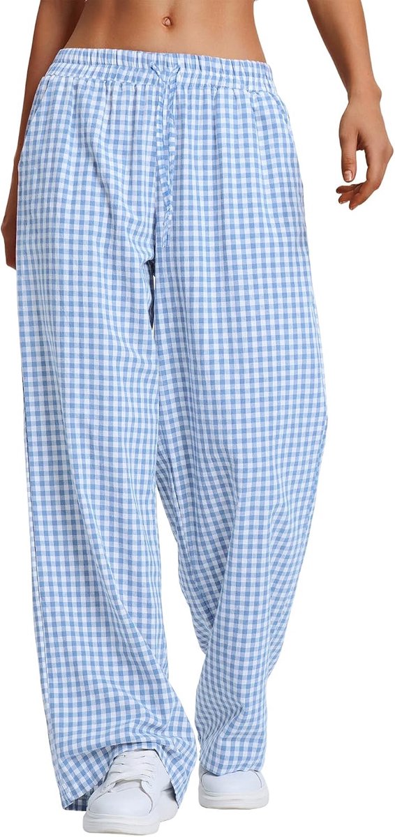 Pyjamabroek voor dames, geruit, lang, zomer, katoen, trekkoord, slaapbroek, zachte vrijetijdsbroek met zakken