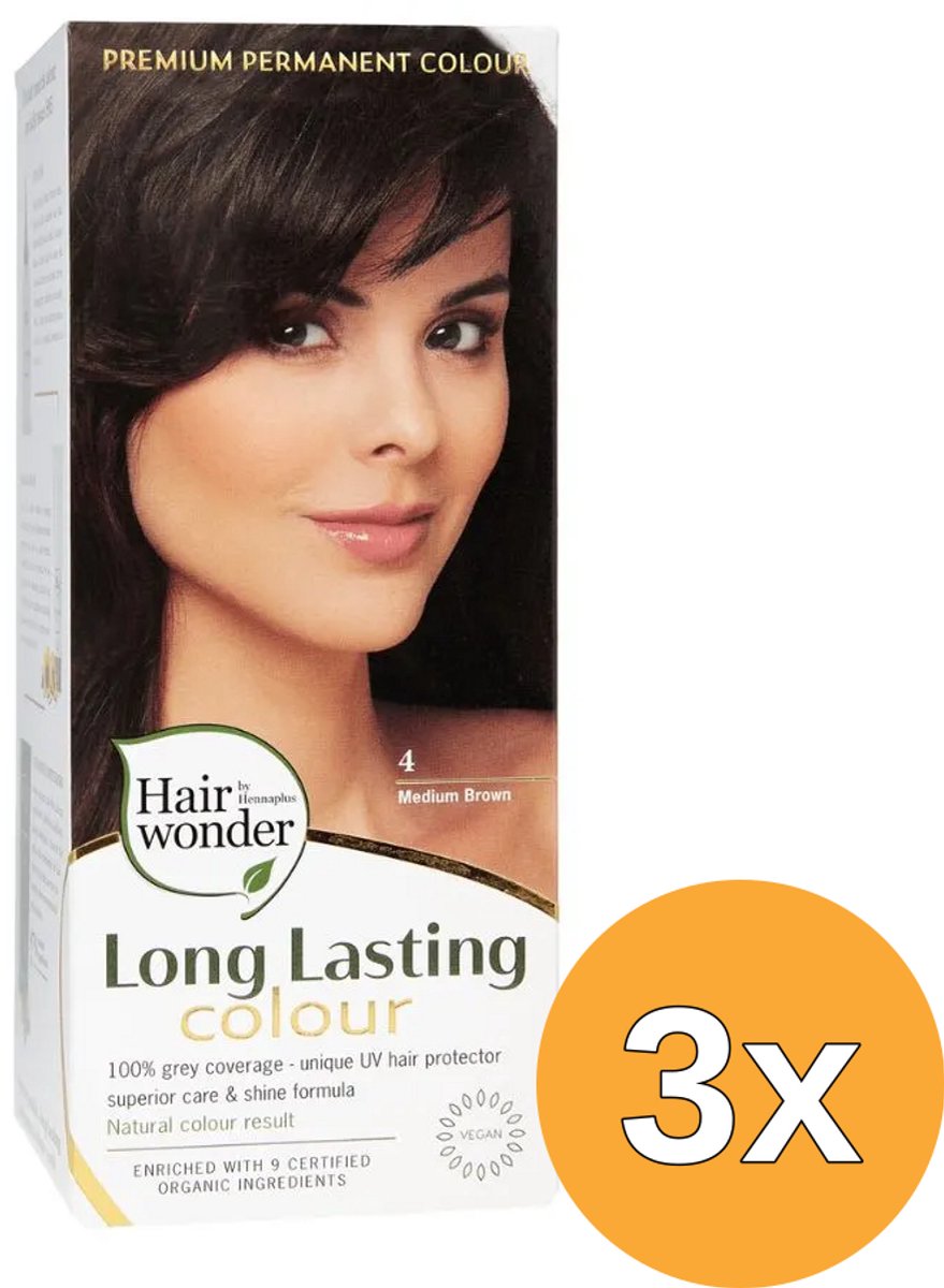 3x Hairwonder Long Lasting Colour 4 Medium Brown (100 ml)