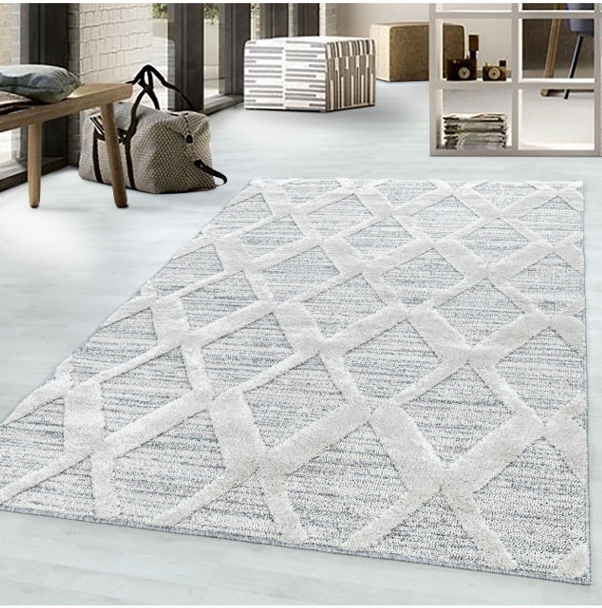 TapisTrend Harig tapijt Grijs 200 cm rond crèmekleurig geometrisch vloerkleed met grote, reliëfachtige ruiten, 20 mm poolhoogte, moderne stijl voor woonkamer