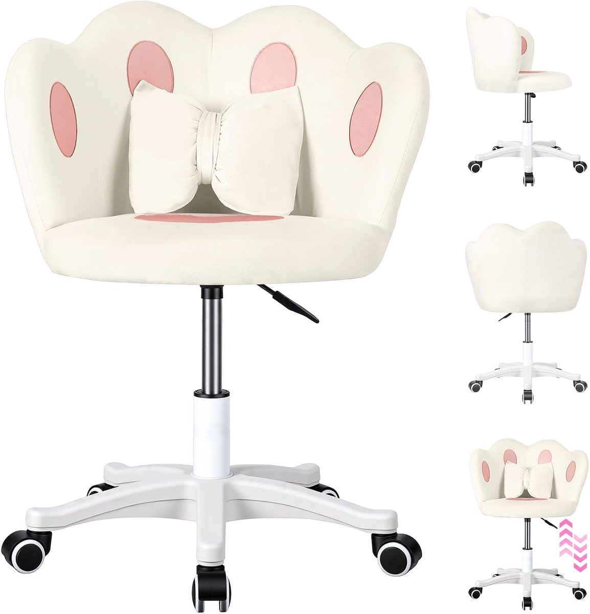 Hoogte verstelbare kinderbureaustoel, 360° draaibare pc-stoel met strikkussen, ergonomische comfortabele stoel voor slaap- en studeerkamer (wit)