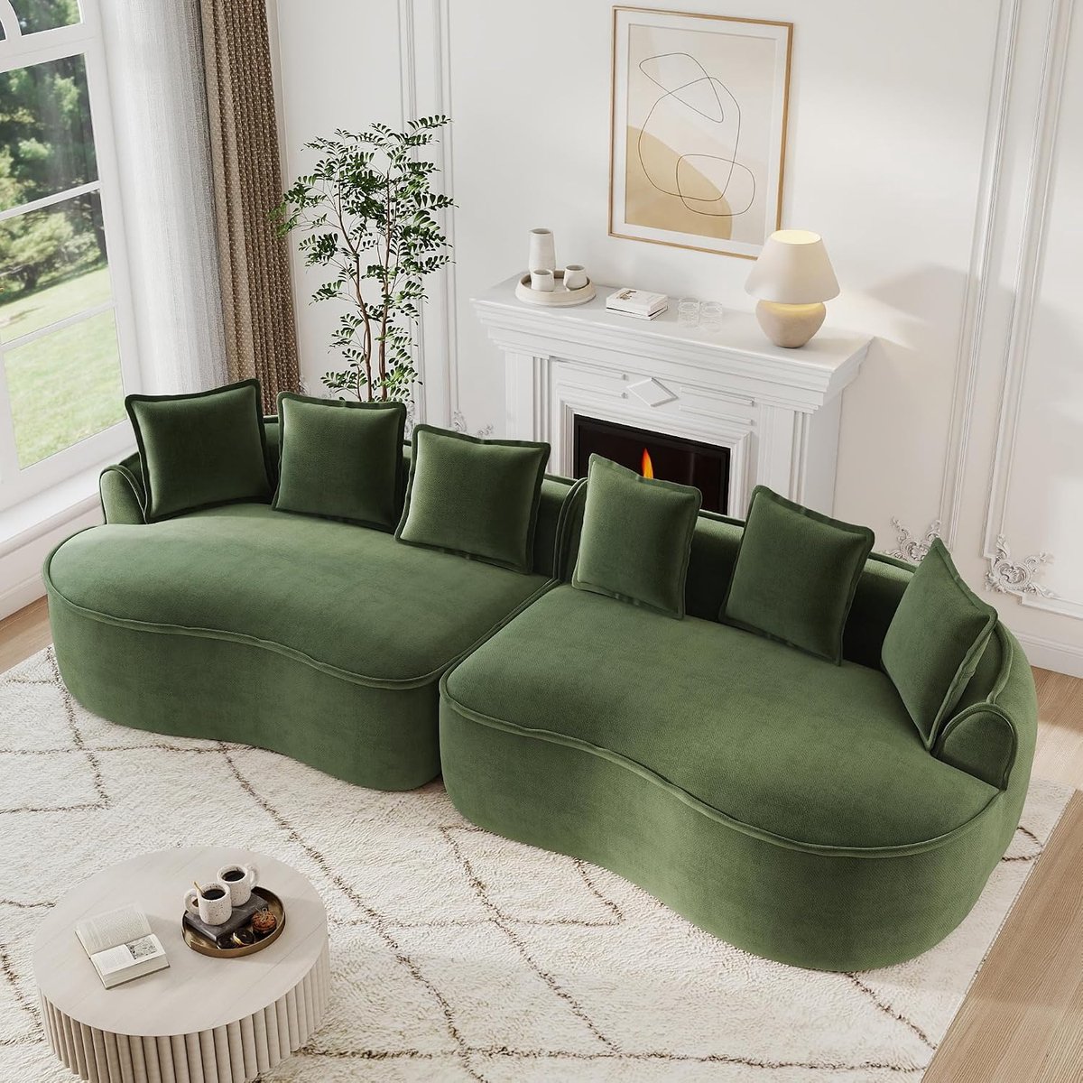 Boneless Cloud 4-zits chenille bank, extra diepe modulaire bank, zonder frame, met kussen, geen montage, gebogen bank voor woonkamer, groen, 4-zits