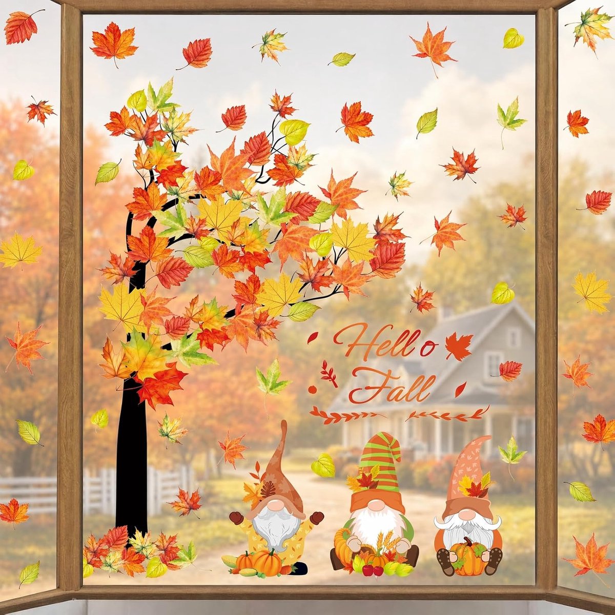 Raamstickers stickers herfst raamdecoratie stickers, 6 vellen esdoornblad boom kabouter pompoen statische stickers voor klaslokaal thuiskantoor glas herfst
