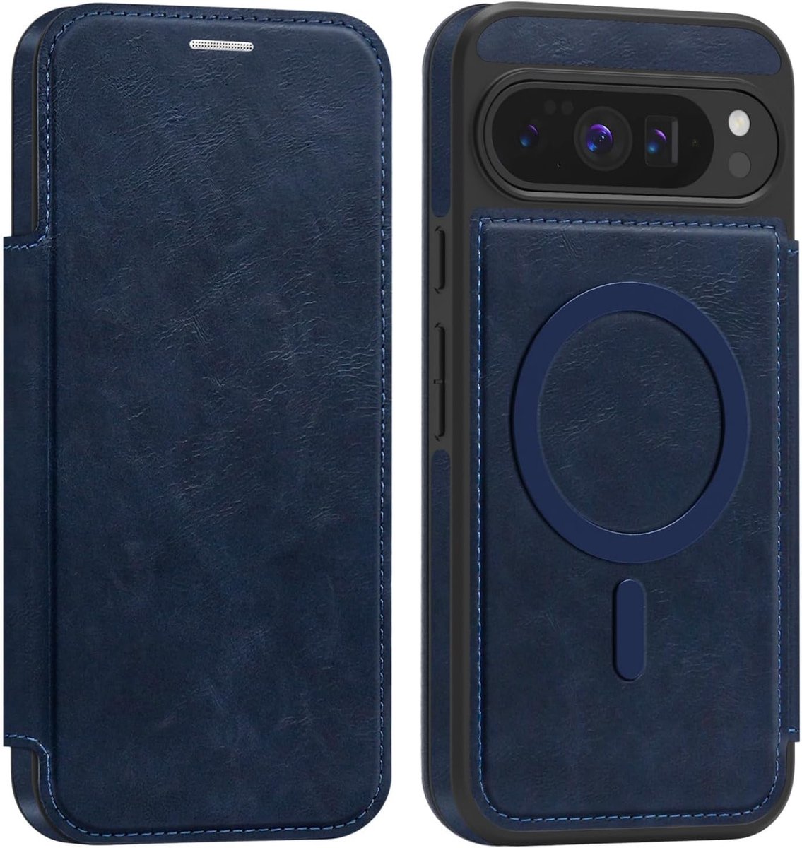 Beschermhoesje voor Google Pixel 10 Pro XL, klaphoes, compatibel met MagSafe, PU-leren hoes met kaartenvak en RFID-bescherming, blauw