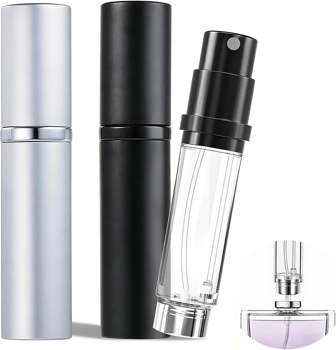 parfumverstuiver, 5 ml, 2 stuks, draagbare mini-parfumverstuiver, aluminiumlegering, reisparfumverstuiver, zwart en zilver, voor reizen, afspraken, cadeau