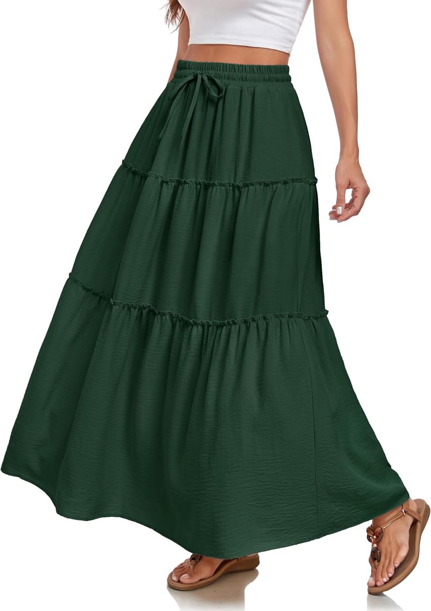 Rokken A-Lijn Elegante Hoge Taille met Ruches Maxi-Rok Met Trekkoord Zomer Elastische Casual Met 2 Zakken