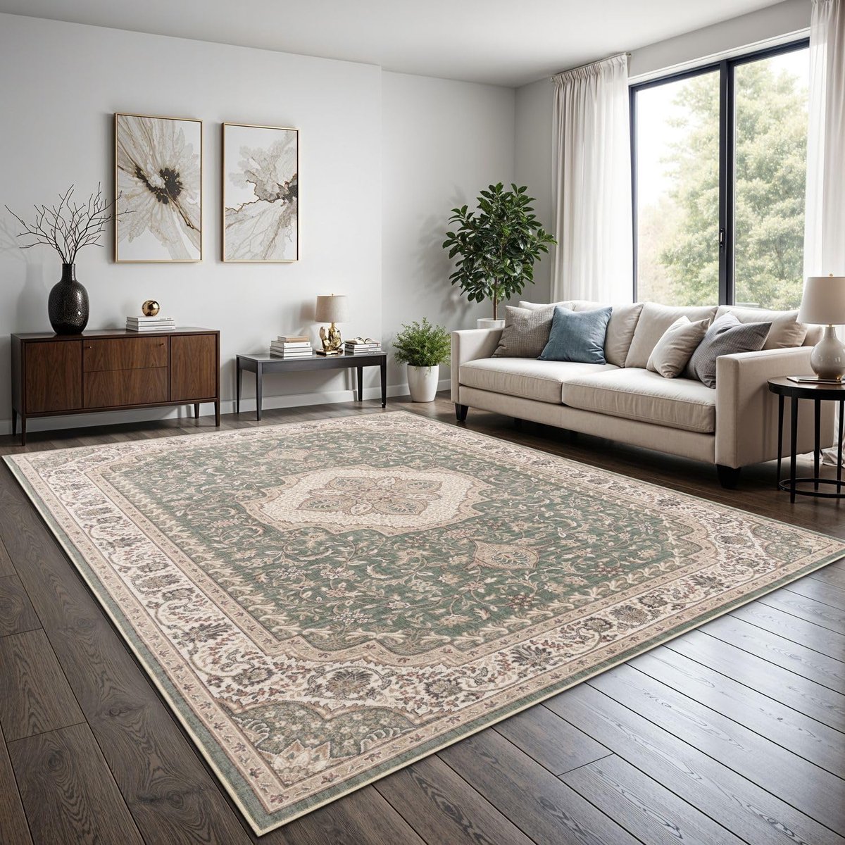 Home Boho Vintage Vloerkleed Woonkamer Laagpolig Retro Design Antislip Onderhoudsvriendelijk Modern Eetkamer Hal Wasbaar, Kleur:Groen, Maat:200x280 cm