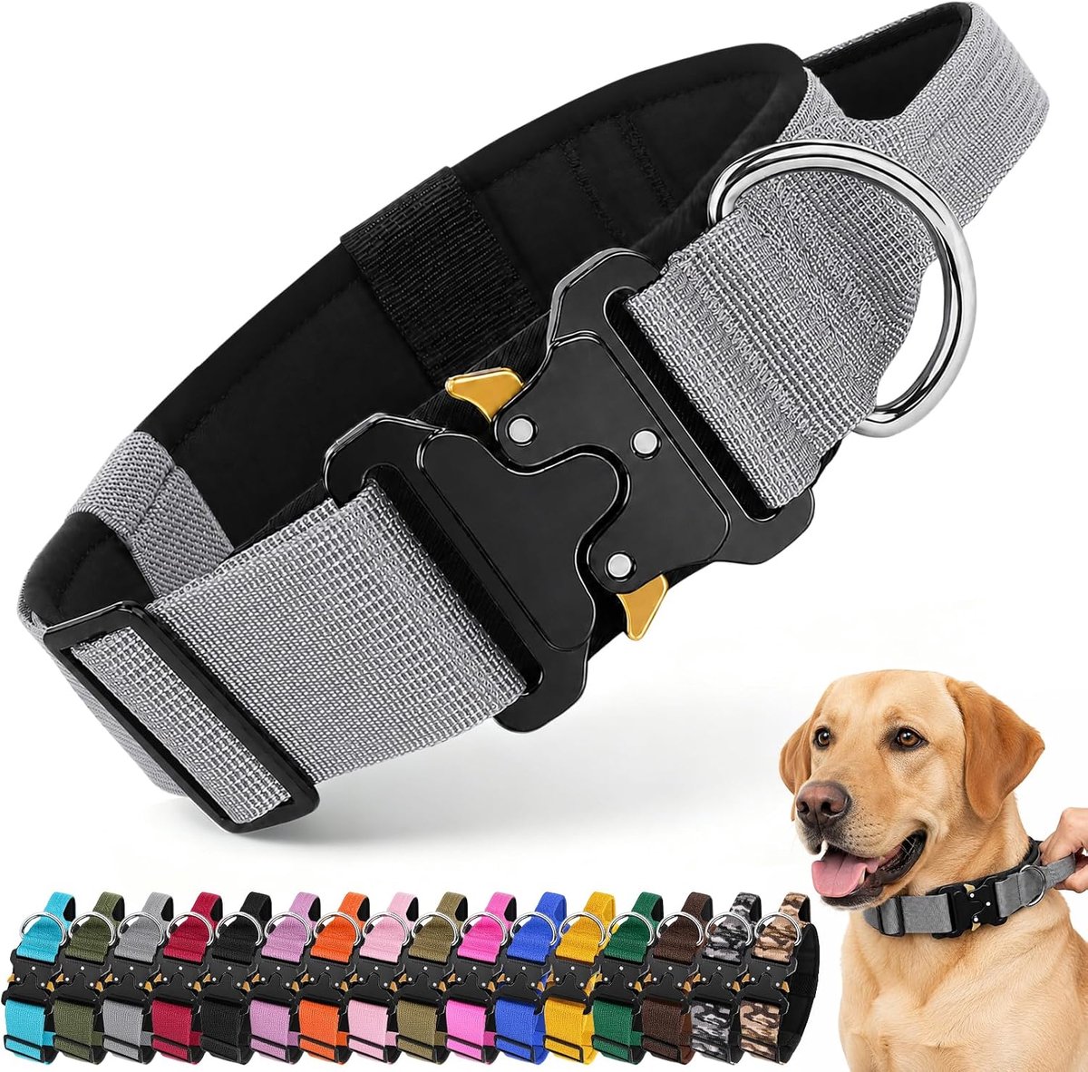 Hondenhalsband met handvat, militair, verstelbaar (grijs, M)