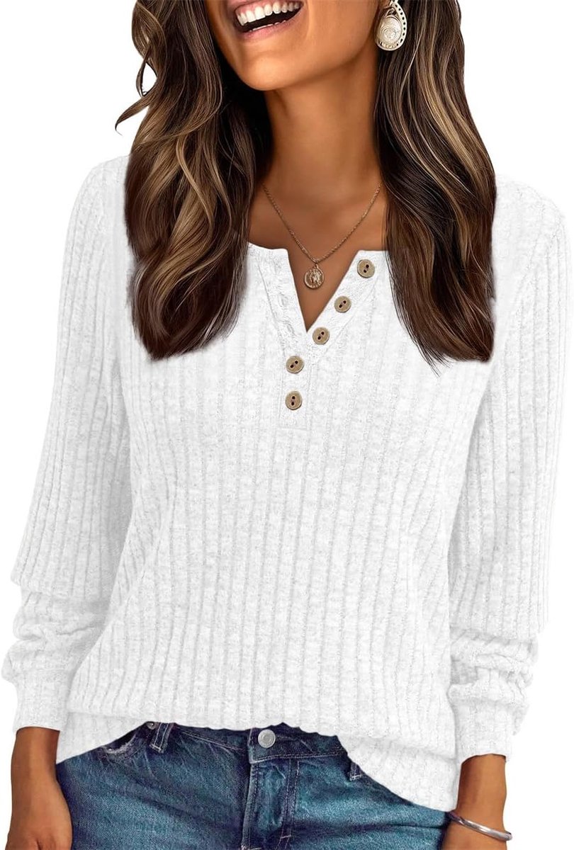 Dressy Casual Lange Mouw Geribbelde T-shirts Tuniek Tops Losse Fit Sweatshirts Shirts