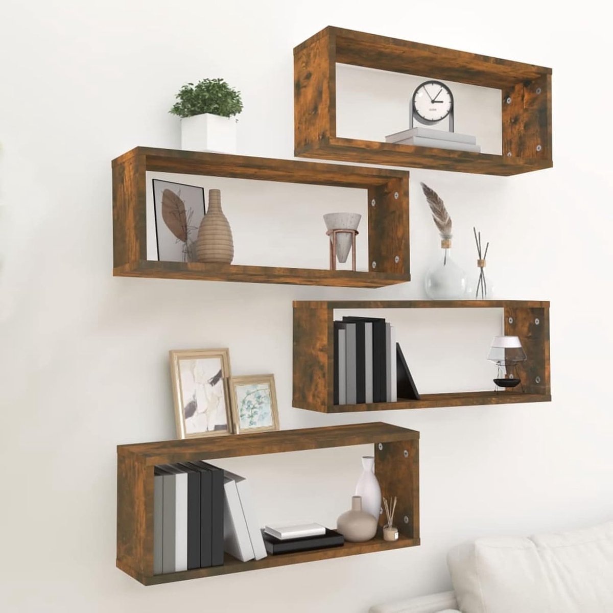 Kubische wandplanken met 4 stuks, zwevend rek, modern hangrek, wandplanken voor woonkamer, slaapkamer, kantoor, eiken, rookkleurig, 60 x 15 x 23 cm