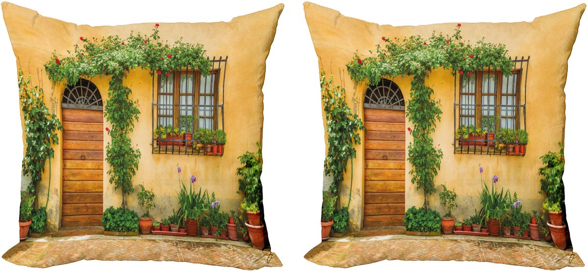 ABAKUHAUS Italien Sierkussenhoes Set van 2, Leven in de Stad in de Toskana, Modern Accent Dubbelzijdige Digitale Print, 45x45, Aprikose Groen Bruin