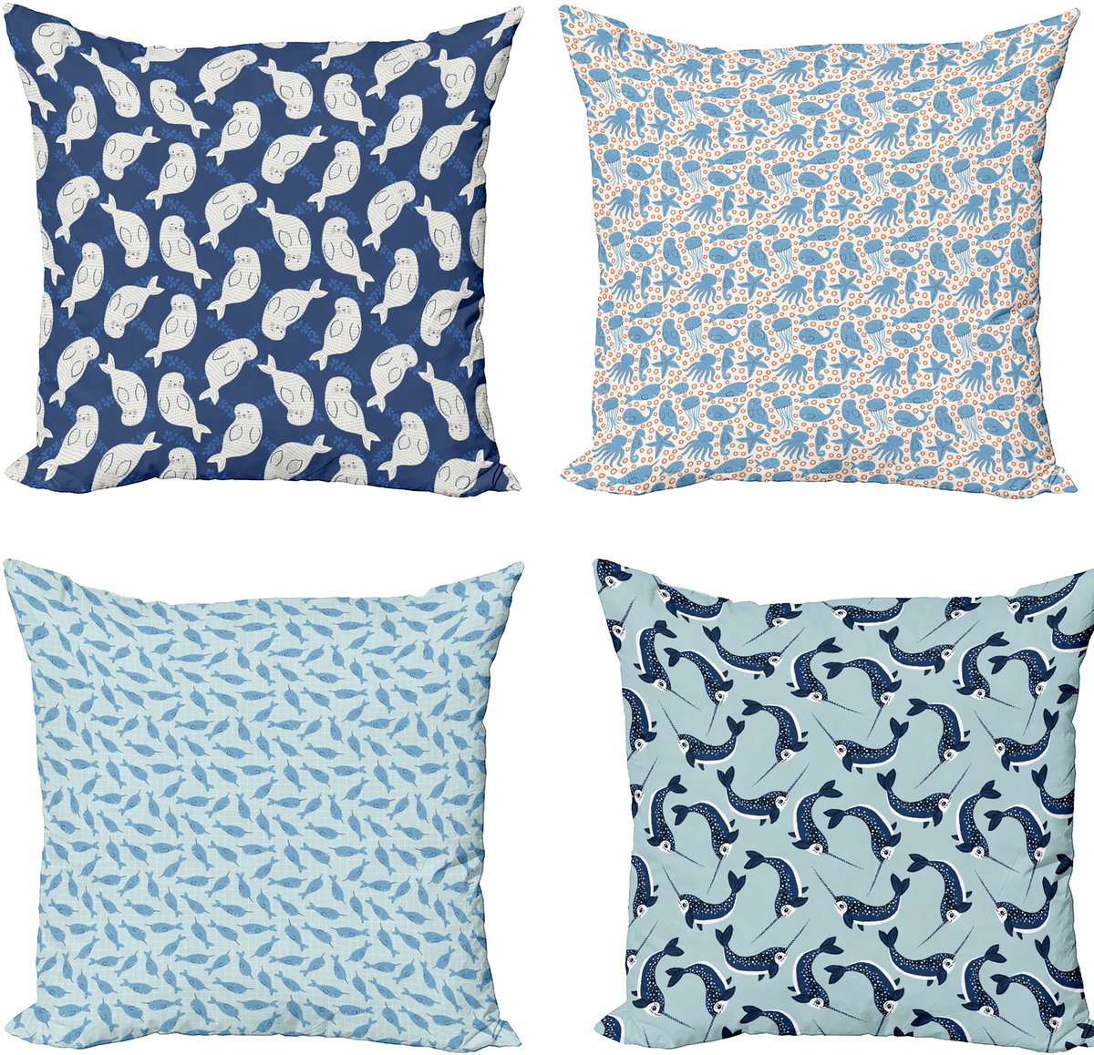 ABAKUHAUS Nautisch Sierkussen Kussenhoes 4 er Set, Meerestiere Kunst-Patroon, Modern Accent Dubbelzijdige Digitale Print, 50 x 50 cm, Blauw Oranje en Ivoor