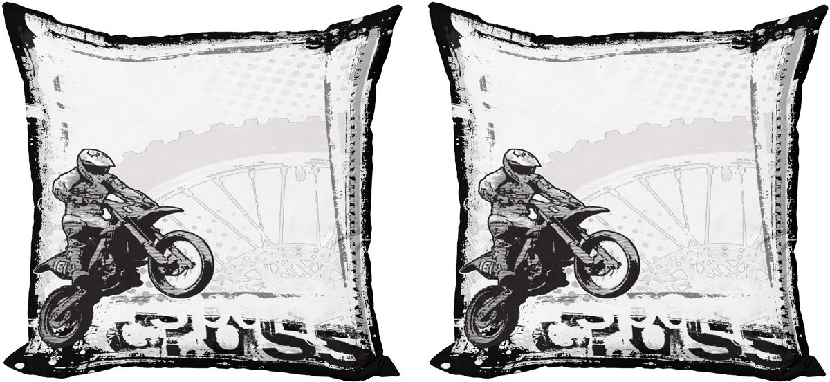 ABAKUHAUS inspirativ Sierkussenhoes Set van 2, Motocross Racer, Modern Accent Dubbelzijdige Digitale Print, 40x40, Wit Zwart